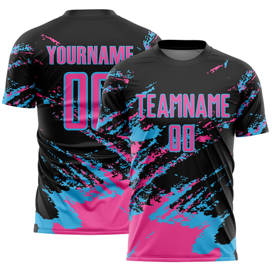 Custom Black Pink-Sky Blue Abstract Fragment Art Splash Sports Sublimation Soccer Uniform Jersey - Main View