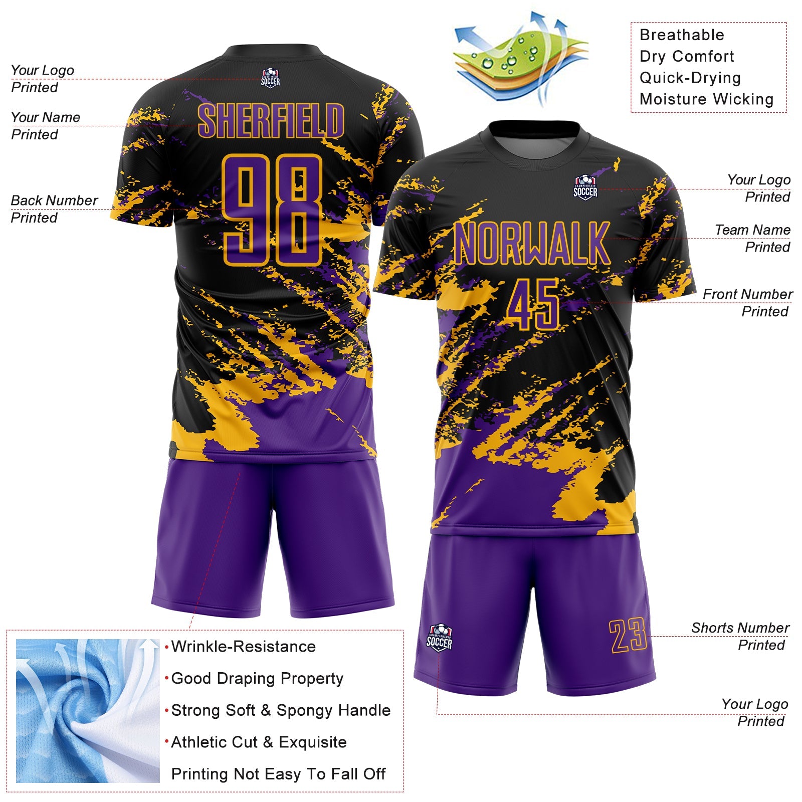 Custom Black Purple-Gold Abstract Fragment Art Splash Sports Sublimation Soccer Uniform Jersey view 4