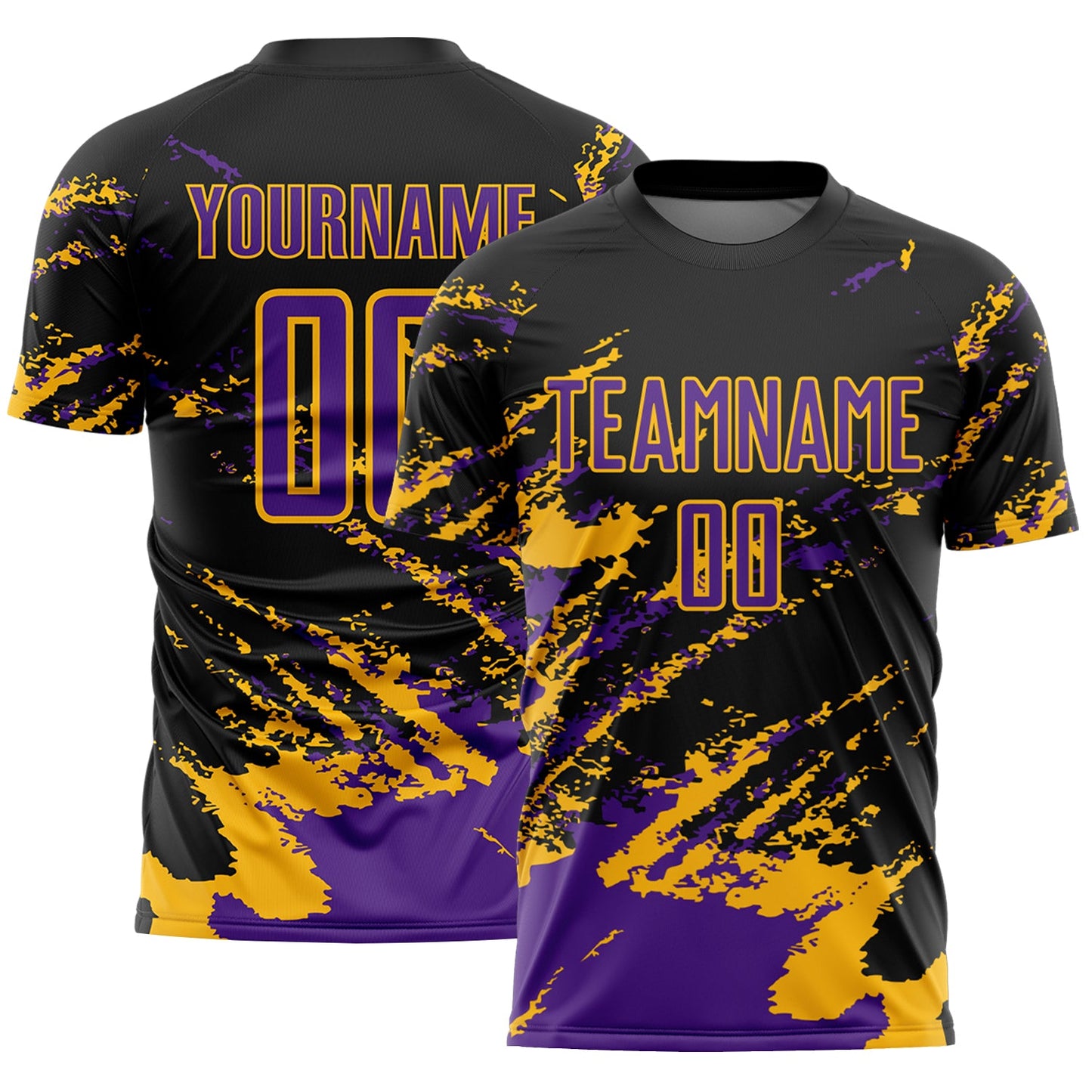 Custom Black Purple-Gold Abstract Fragment Art Splash Sports Sublimation Soccer Uniform Jersey - Main View