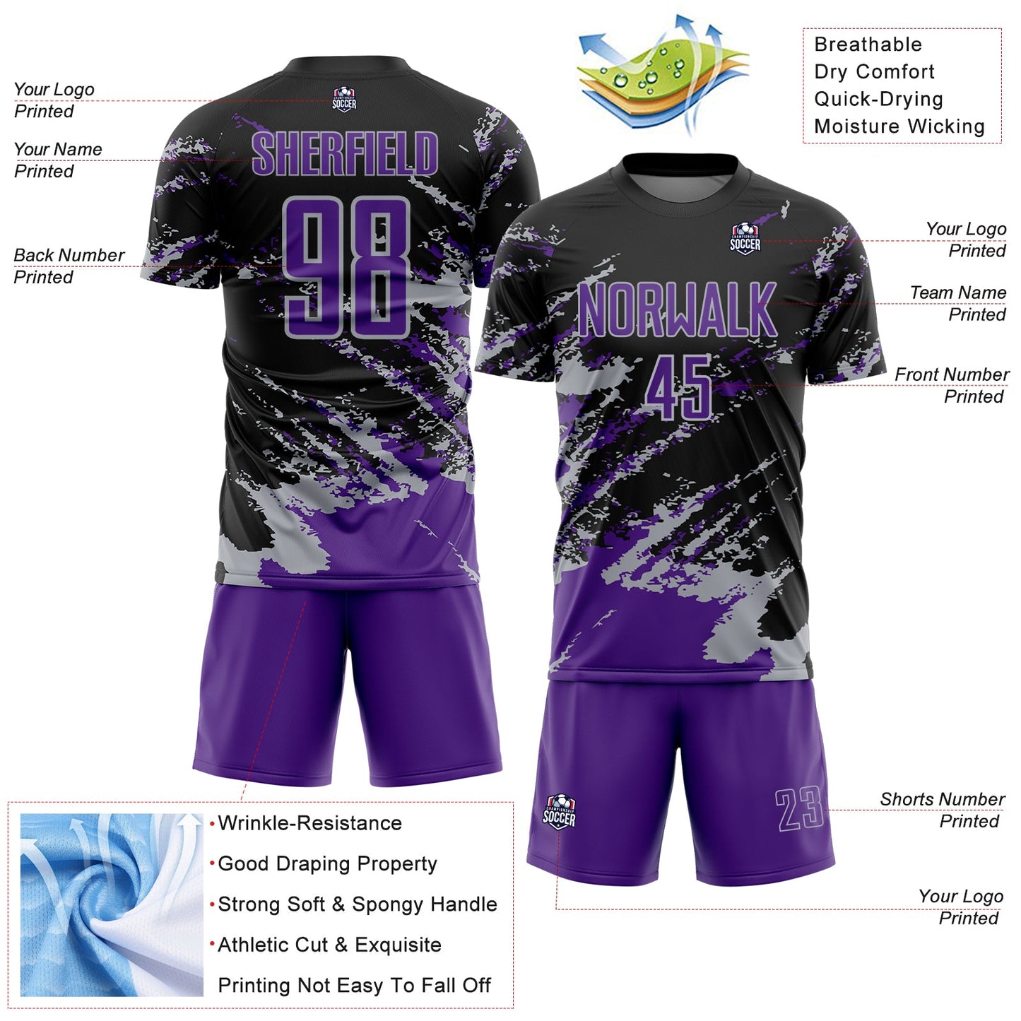 Custom Black Purple-Gray Abstract Fragment Art Splash Sports Sublimation Soccer Uniform Jersey view 4