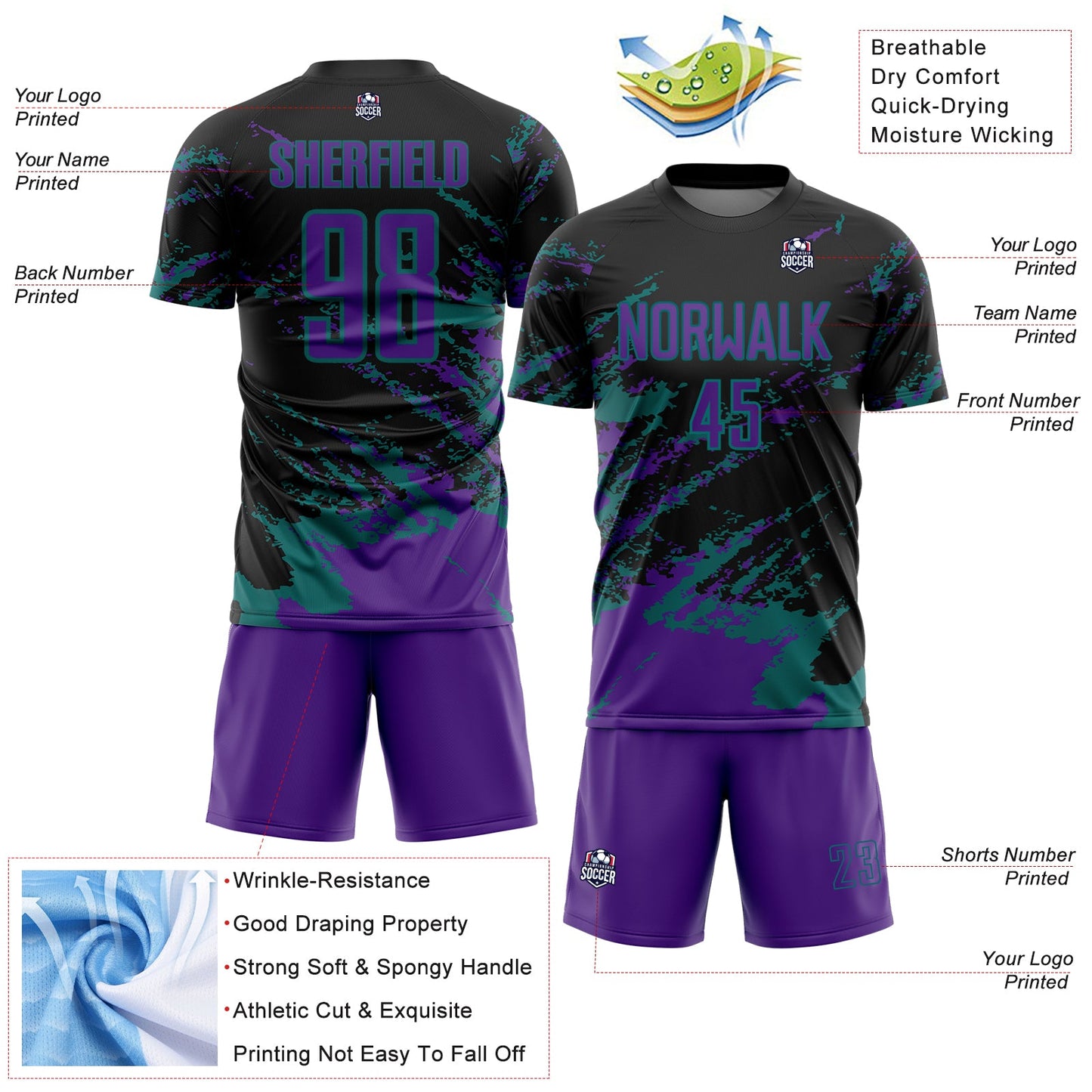 Custom Black Purple-Teal Abstract Fragment Art Splash Sports Sublimation Soccer Uniform Jersey view 4