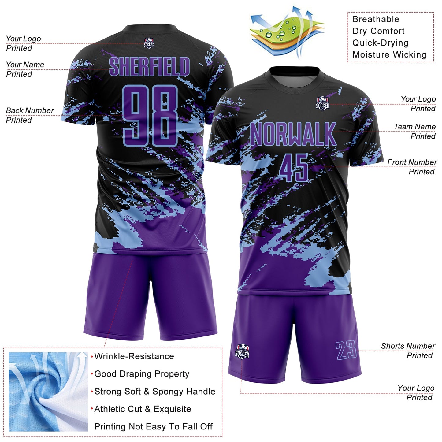 Custom Black Purple-Light Blue Abstract Fragment Art Splash Sports Sublimation Soccer Uniform Jersey view 4