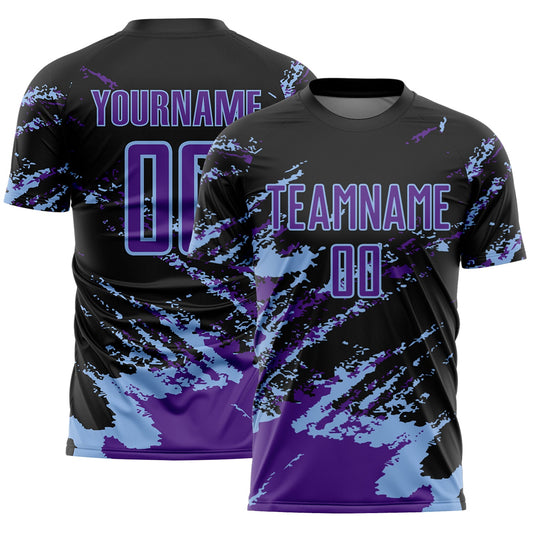 Custom Black Purple-Light Blue Abstract Fragment Art Splash Sports Sublimation Soccer Uniform Jersey - Main View