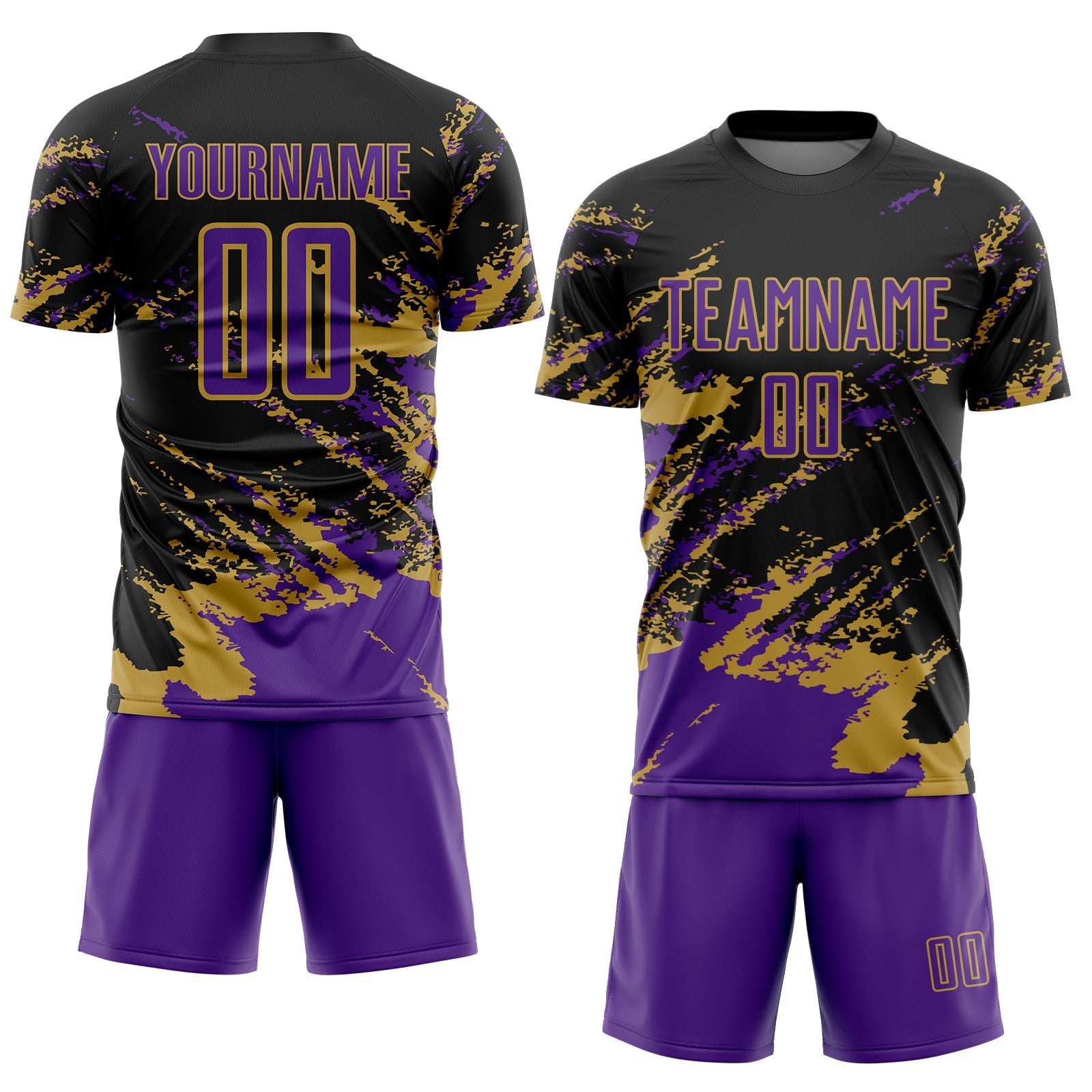 Custom Black Purple-Old Gold Abstract Fragment Art Splash Sports Sublimation Soccer Uniform Jersey view 2