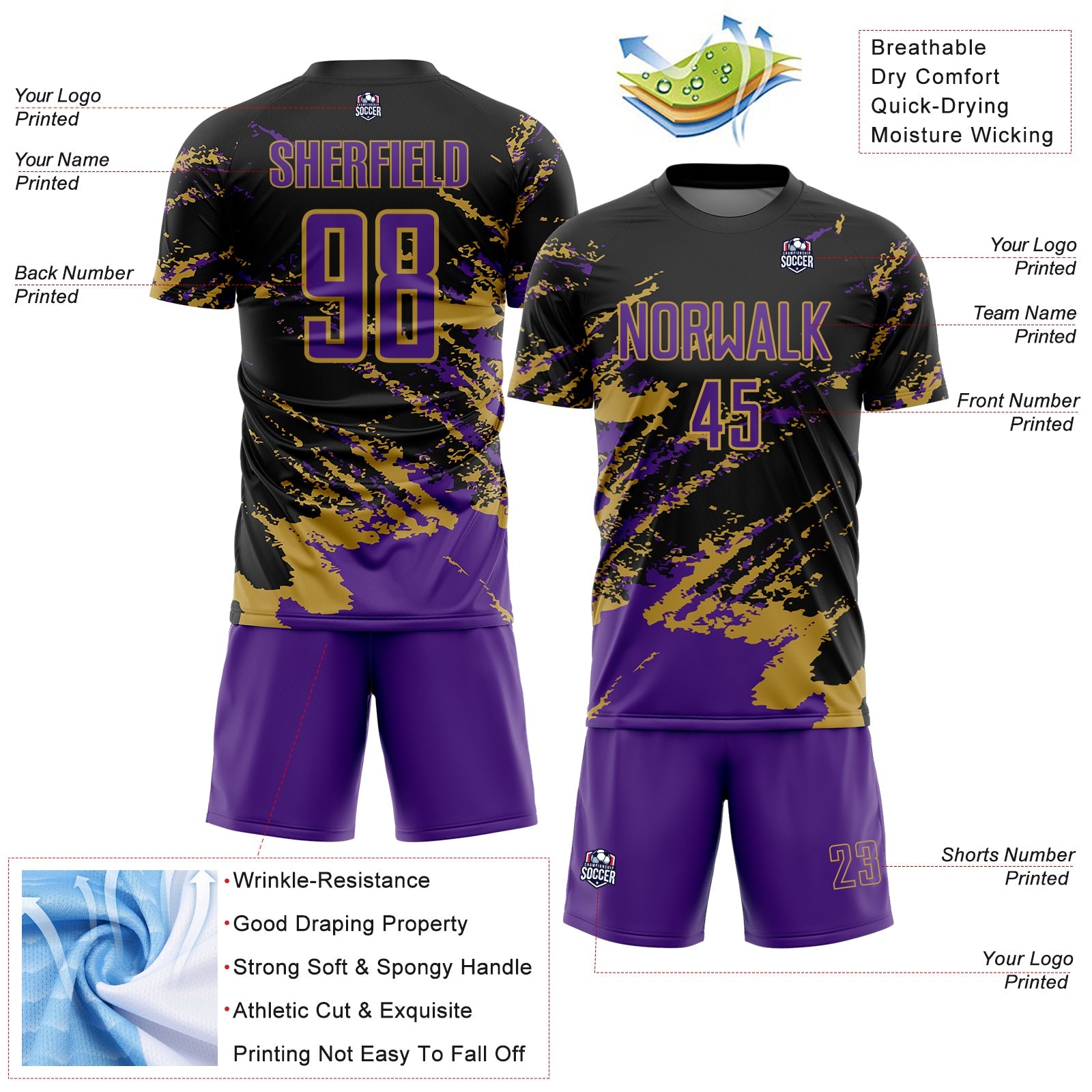 Custom Black Purple-Old Gold Abstract Fragment Art Splash Sports Sublimation Soccer Uniform Jersey view 4