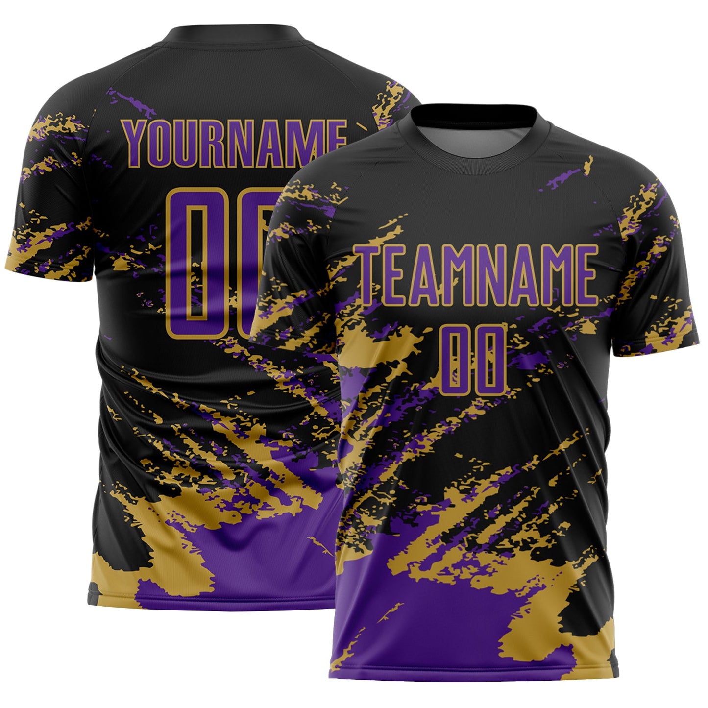Custom Black Purple-Old Gold Abstract Fragment Art Splash Sports Sublimation Soccer Uniform Jersey - Main View
