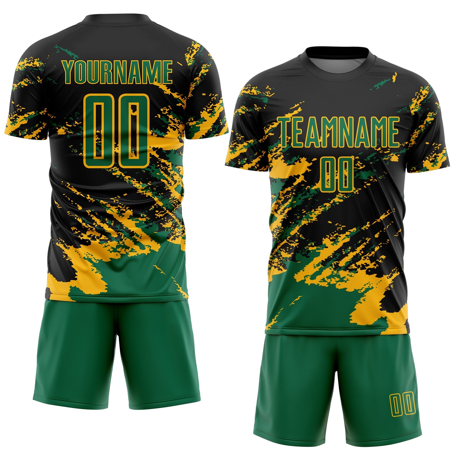 Custom Black Kelly Green-Gold Abstract Fragment Art Splash Sports Sublimation Soccer Uniform Jersey view 2