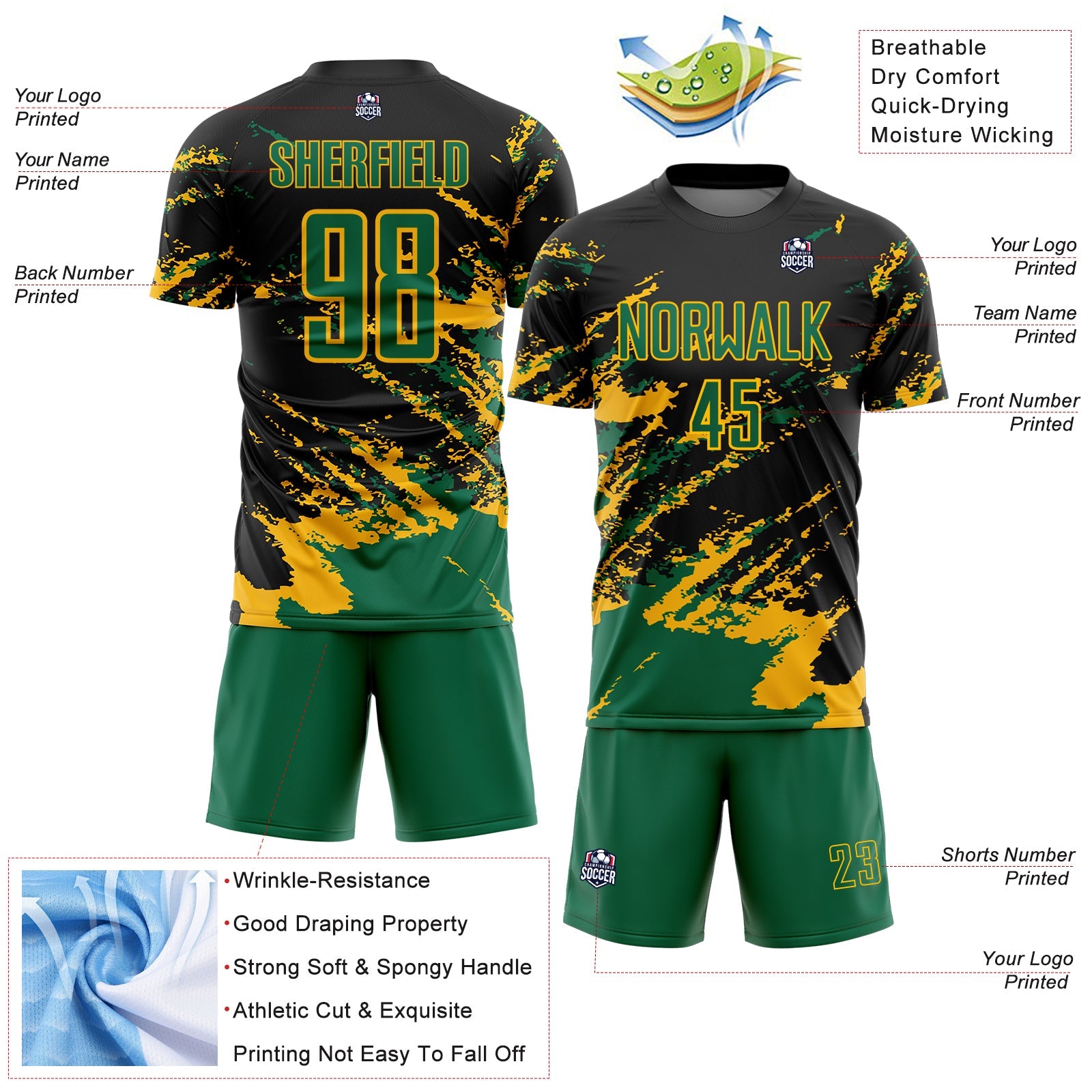 Custom Black Kelly Green-Gold Abstract Fragment Art Splash Sports Sublimation Soccer Uniform Jersey view 4
