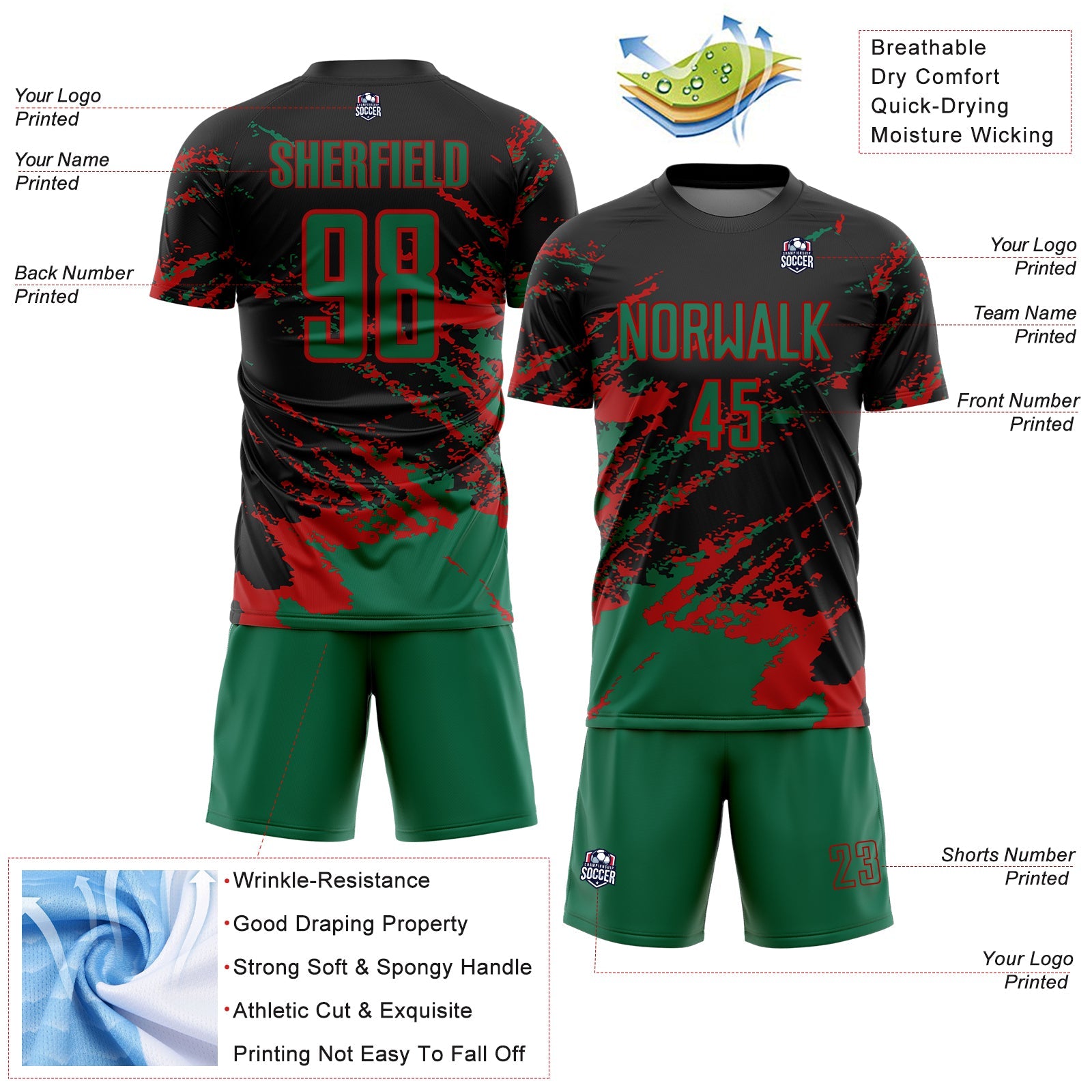 Custom Black Kelly Green-Red Abstract Fragment Art Splash Sports Sublimation Soccer Uniform Jersey view 4