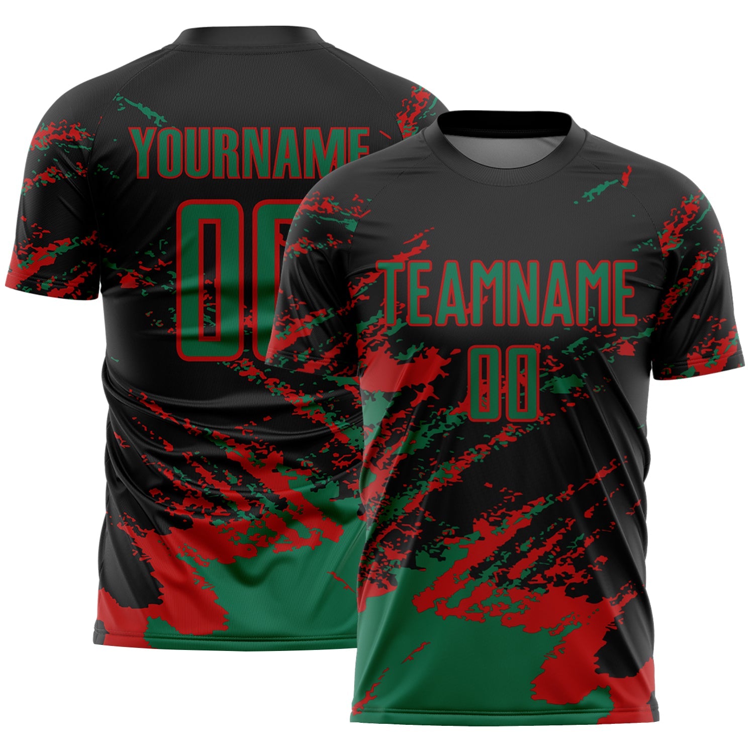 Custom Black Kelly Green-Red Abstract Fragment Art Splash Sports Sublimation Soccer Uniform Jersey - Main View