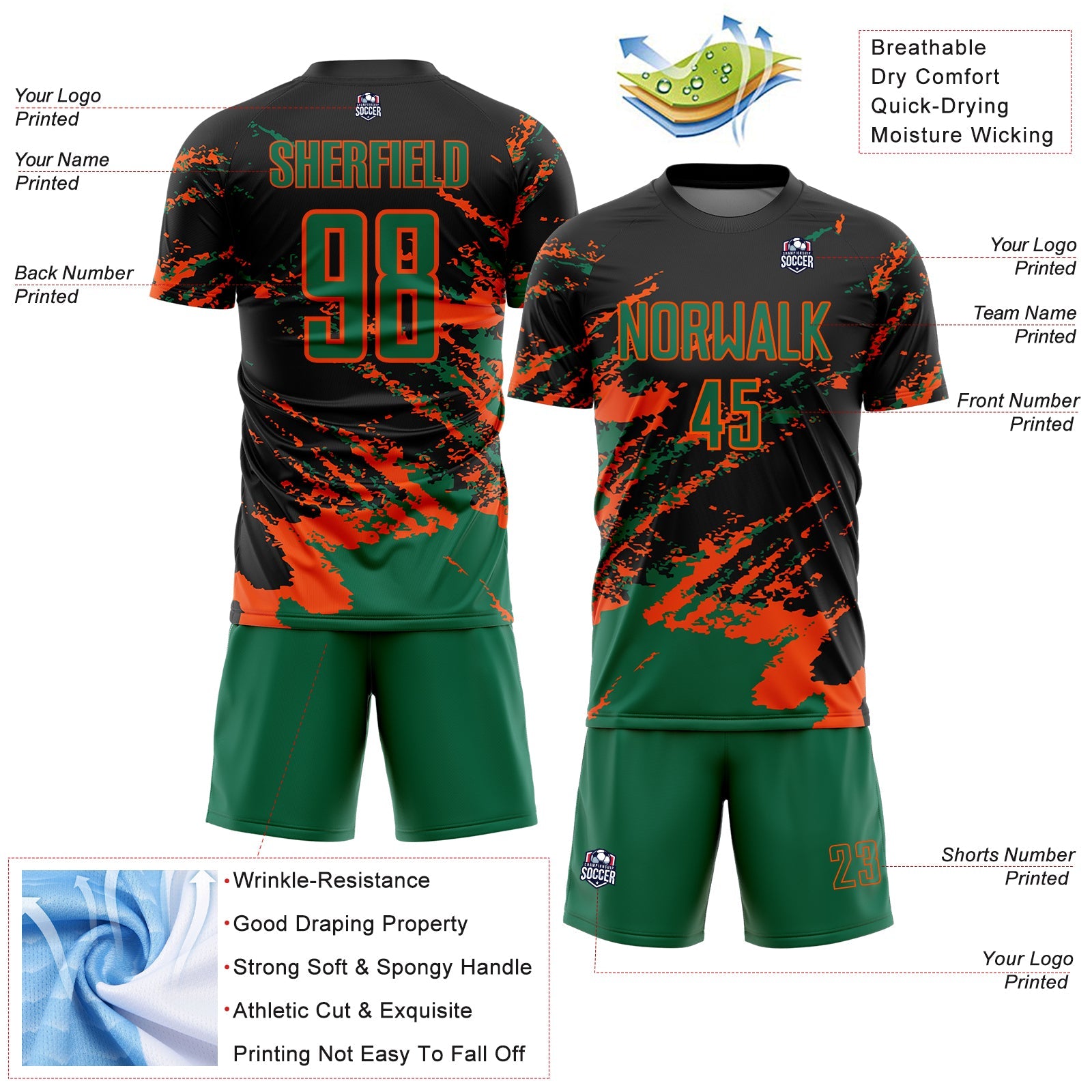 Custom Black Kelly Green-Orange Abstract Fragment Art Splash Sports Sublimation Soccer Uniform Jersey view 4