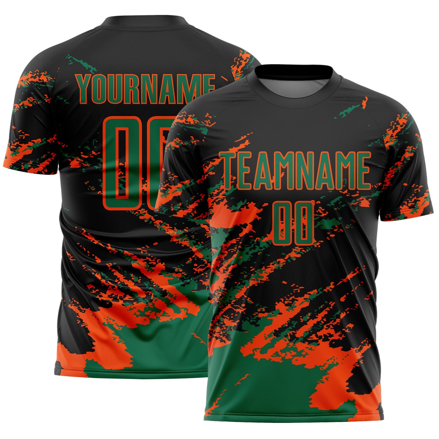 Custom Black Kelly Green-Orange Abstract Fragment Art Splash Sports Sublimation Soccer Uniform Jersey - Main View