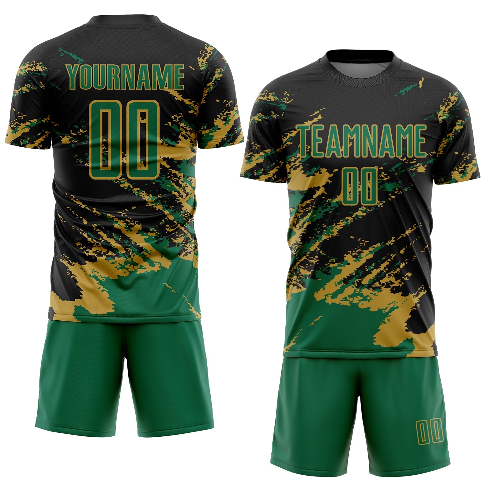 Custom Black Kelly Green-Old Gold Abstract Fragment Art Splash Sports Sublimation Soccer Uniform Jersey view 2