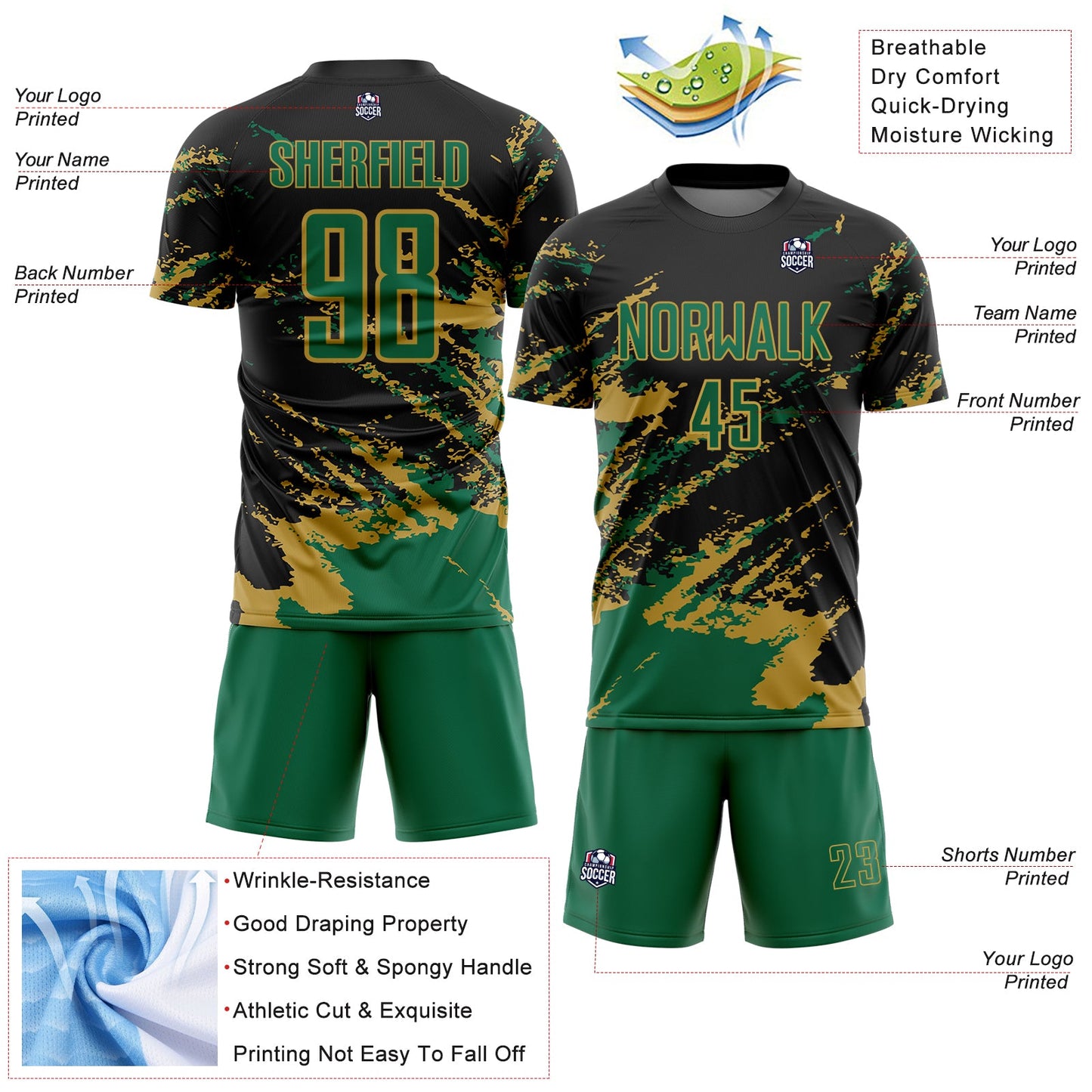 Custom Black Kelly Green-Old Gold Abstract Fragment Art Splash Sports Sublimation Soccer Uniform Jersey view 4