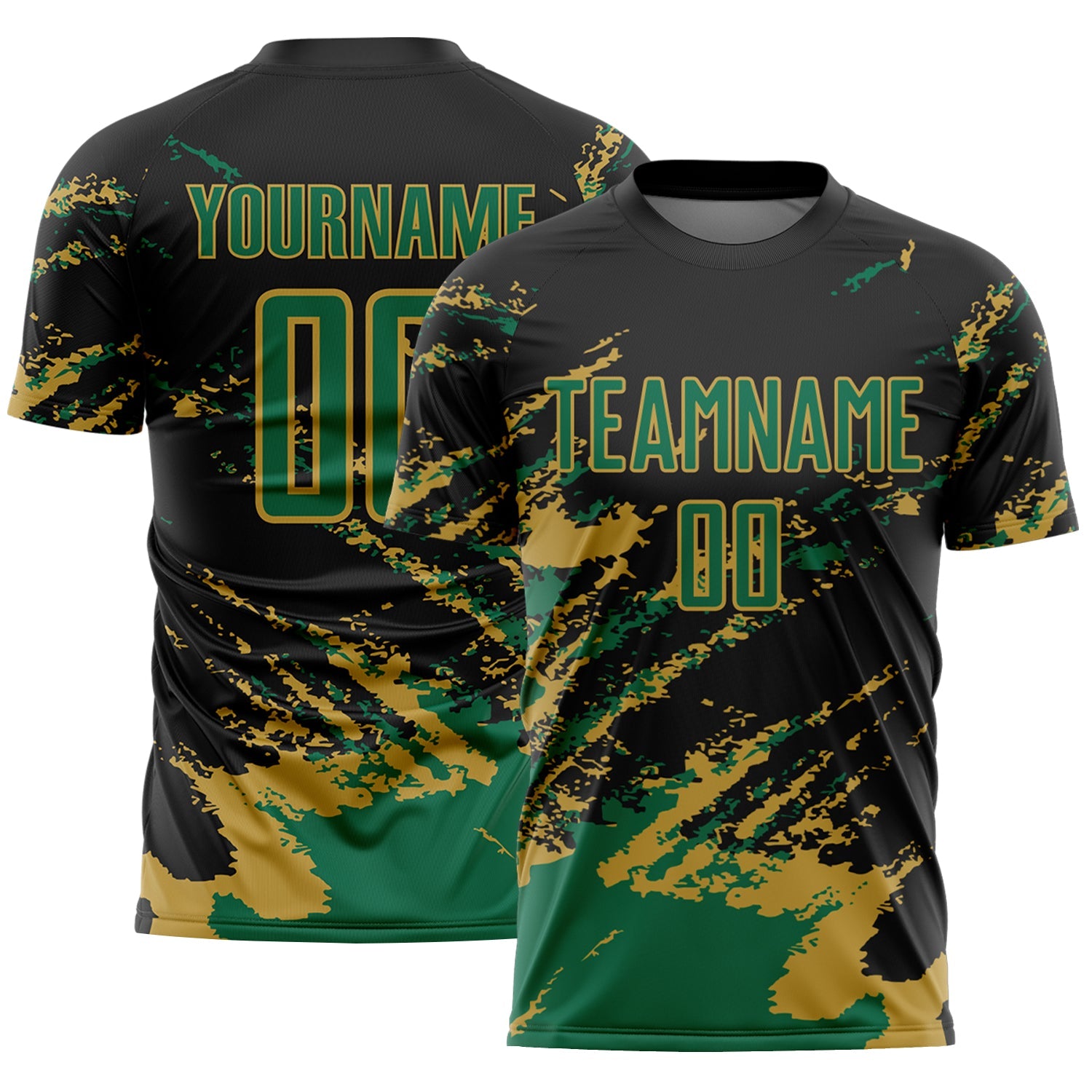 Custom Black Kelly Green-Old Gold Abstract Fragment Art Splash Sports Sublimation Soccer Uniform Jersey - Main View