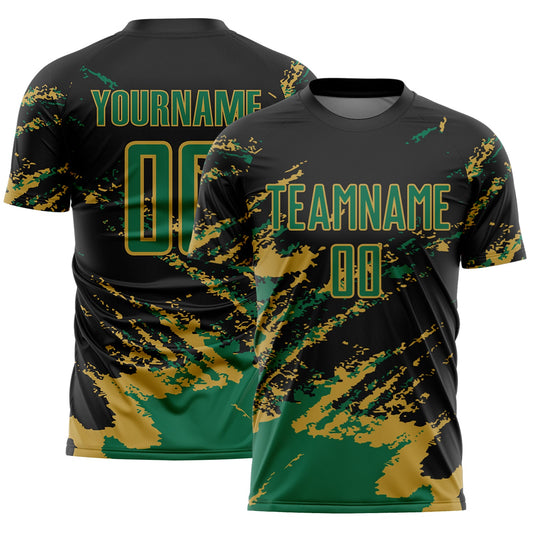Custom Black Kelly Green-Old Gold Abstract Fragment Art Splash Sports Sublimation Soccer Uniform Jersey - Main View