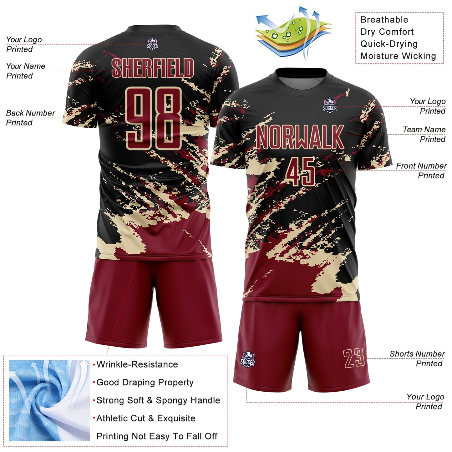Custom Black Crimson-Cream Abstract Fragment Art Splash Sports Sublimation Soccer Uniform Jersey view 4