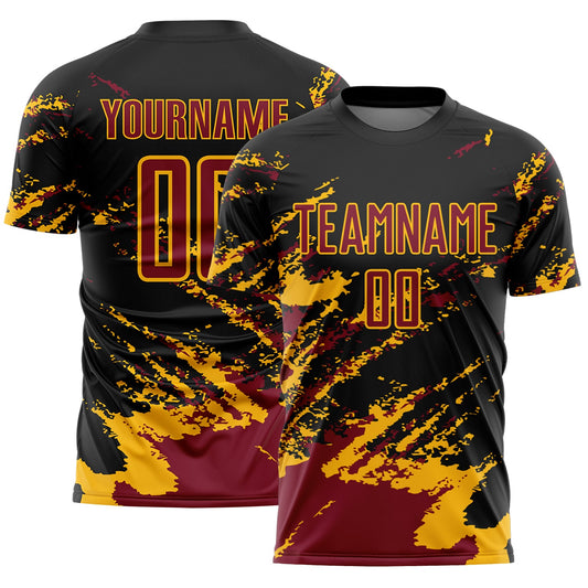 Custom Black Crimson-Gold Abstract Fragment Art Splash Sports Sublimation Soccer Uniform Jersey - Main View