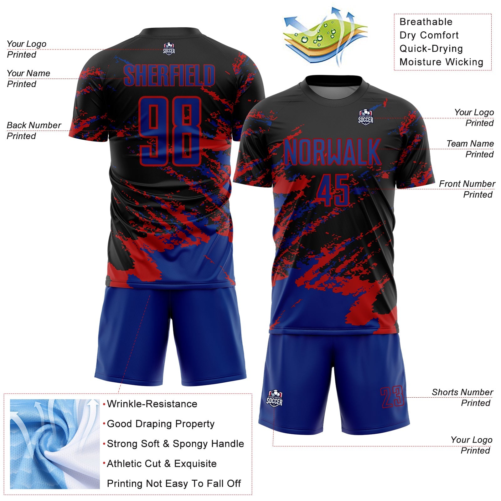 Custom Black Royal-Red Abstract Fragment Art Splash Sports Sublimation Soccer Uniform Jersey view 4