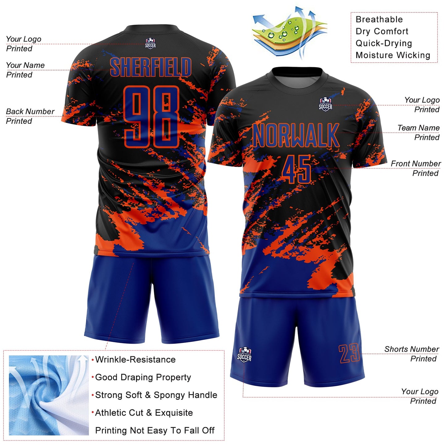 Custom Black Royal-Orange Abstract Fragment Art Splash Sports Sublimation Soccer Uniform Jersey view 4
