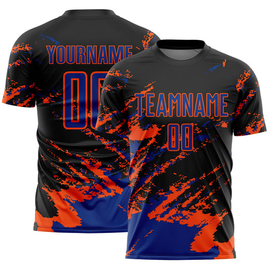 Custom Black Royal-Orange Abstract Fragment Art Splash Sports Sublimation Soccer Uniform Jersey - Main View