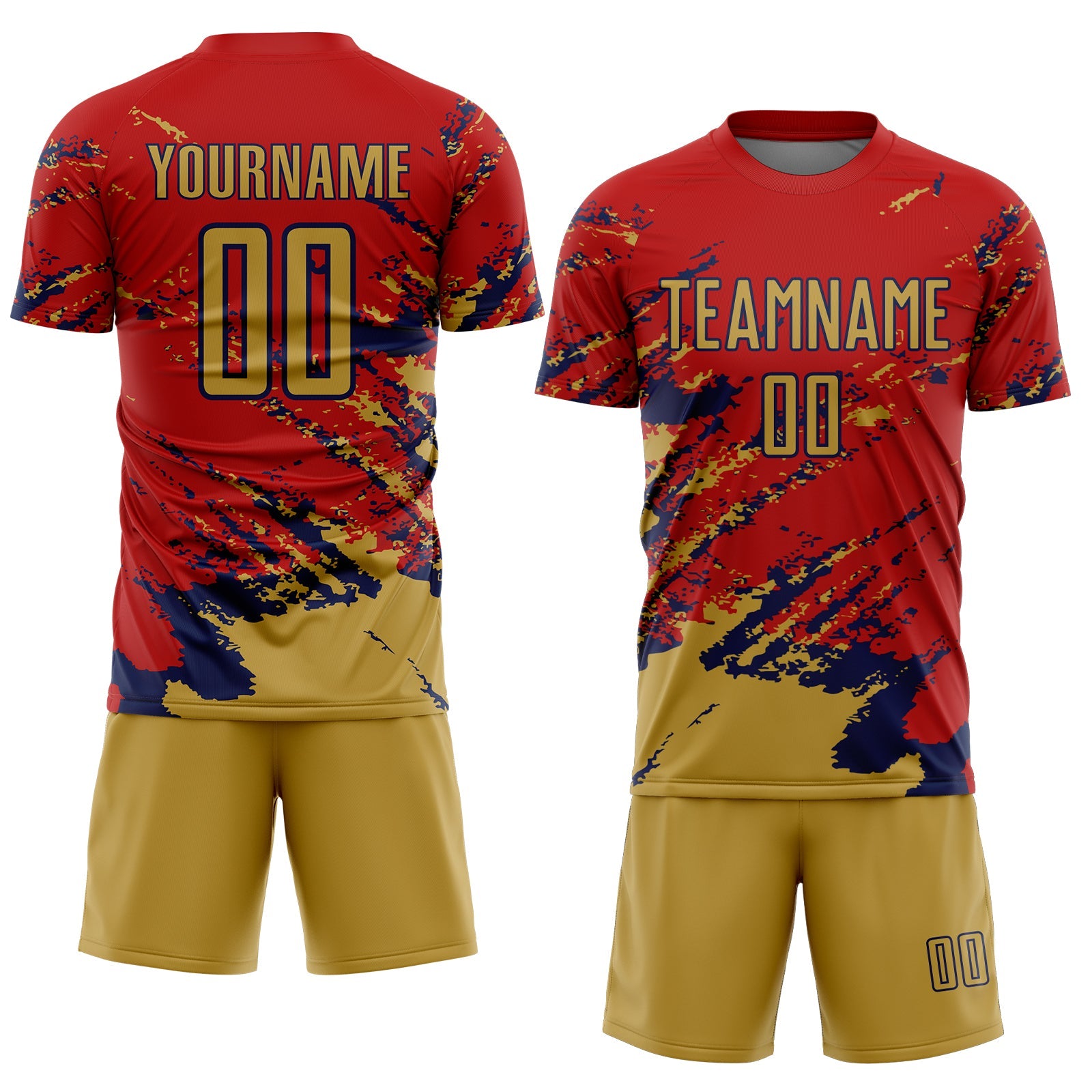 Custom Red Old Gold-Navy Abstract Fragment Art Splash Sports Sublimation Soccer Uniform Jersey view 2