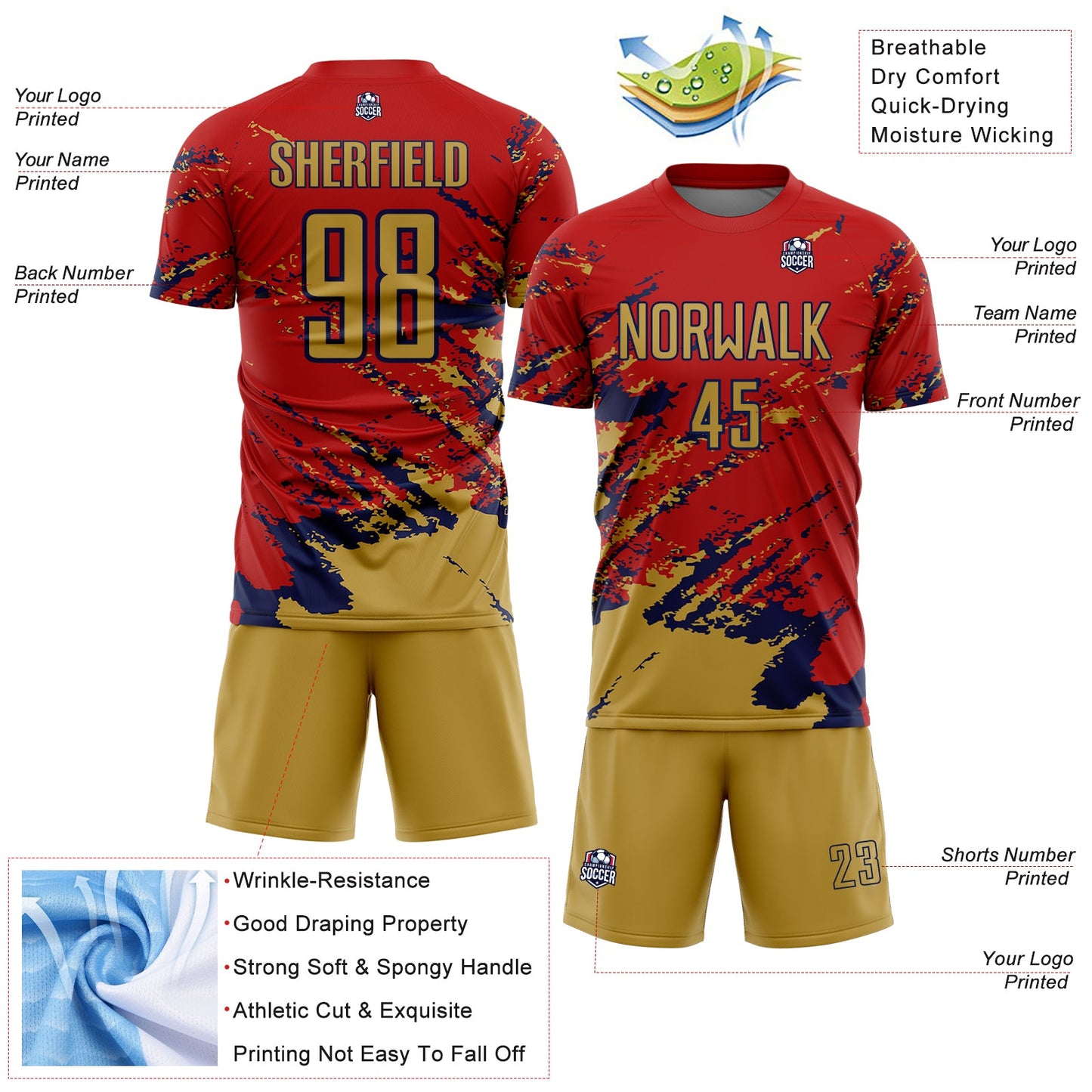 Custom Red Old Gold-Navy Abstract Fragment Art Splash Sports Sublimation Soccer Uniform Jersey view 4