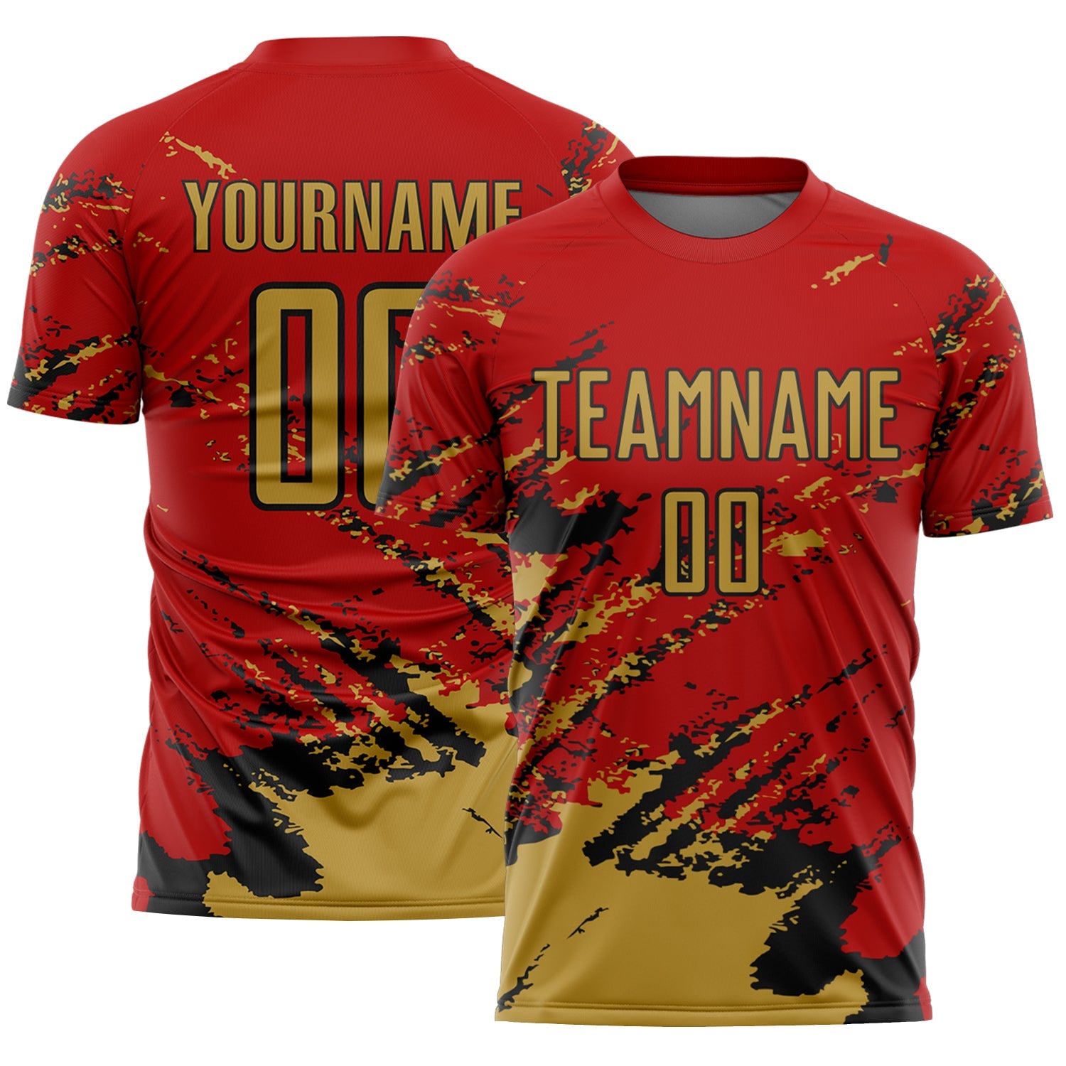 Custom Red Old Gold-Black Abstract Fragment Art Splash Sports Sublimation Soccer Uniform Jersey - Main View