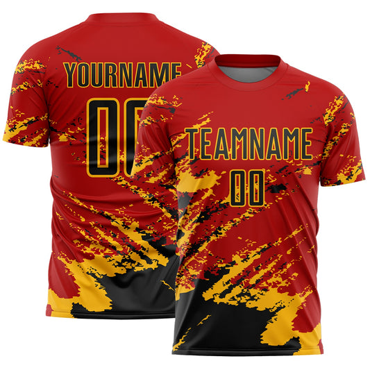 Custom Red Black-Gold Abstract Fragment Art Splash Sports Sublimation Soccer Uniform Jersey - Main View