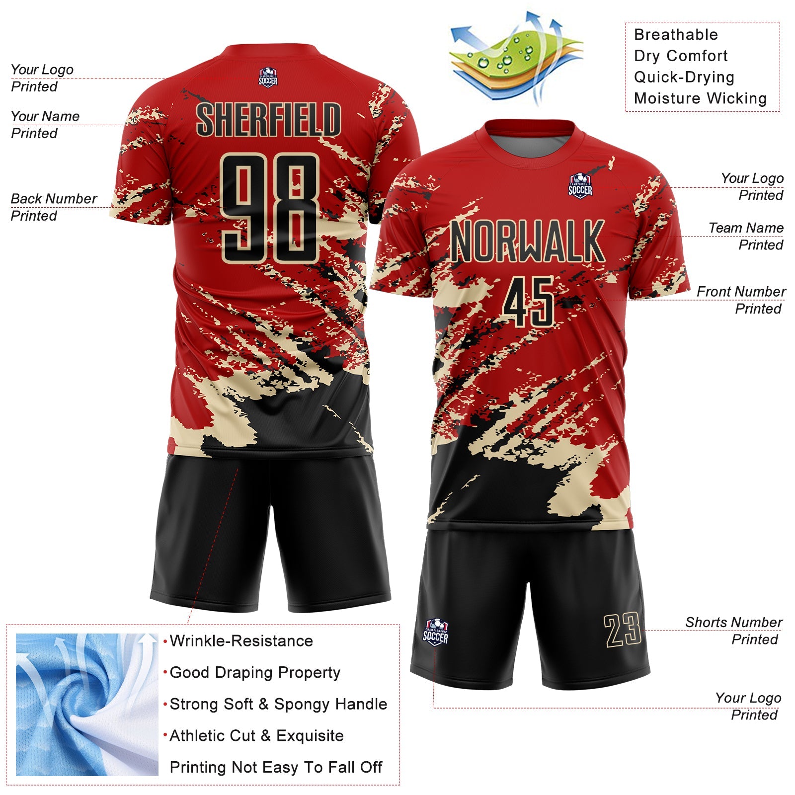 Custom Red Black-Cream Abstract Fragment Art Splash Sports Sublimation Soccer Uniform Jersey view 4