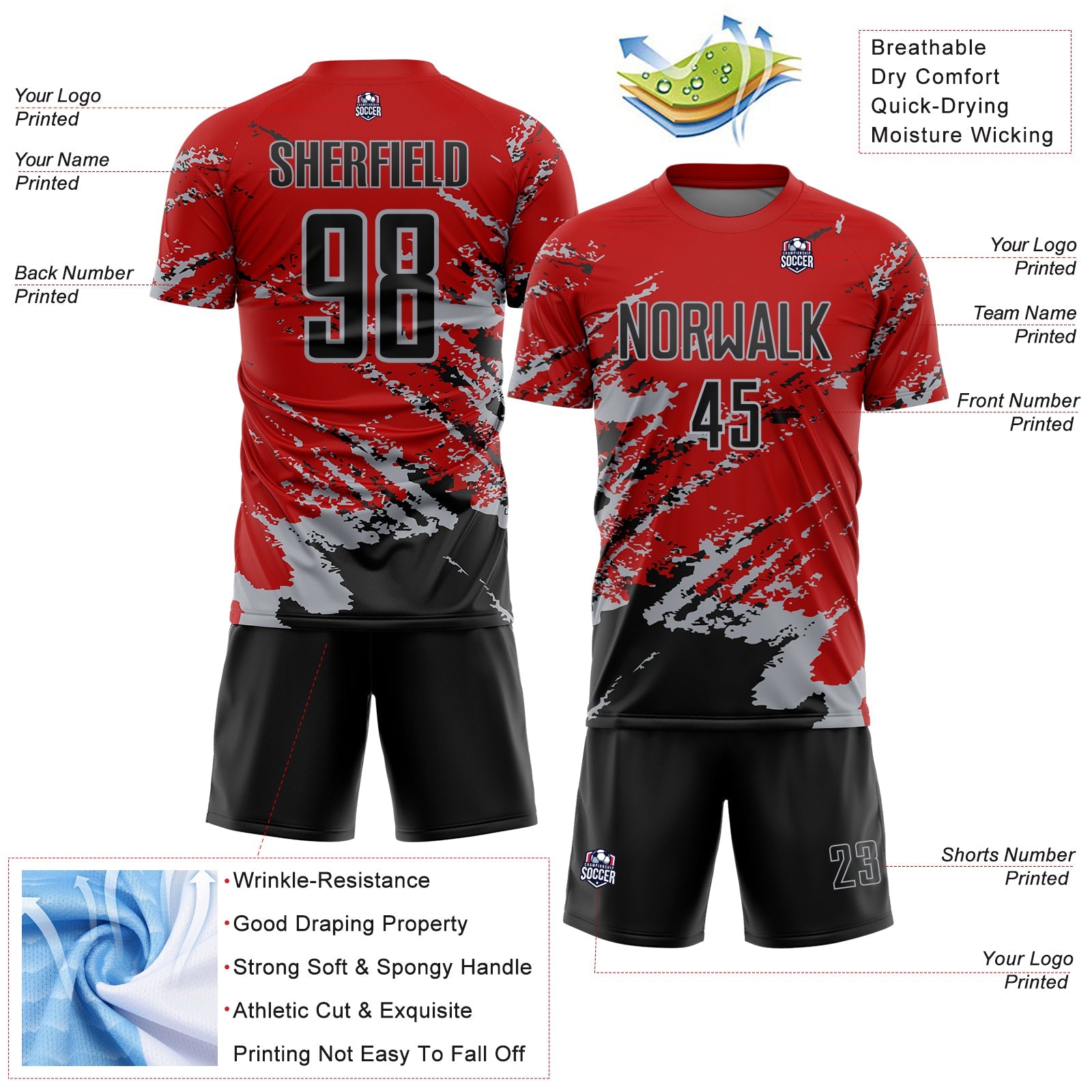 Custom Red Black-Gray Abstract Fragment Art Splash Sports Sublimation Soccer Uniform Jersey view 4