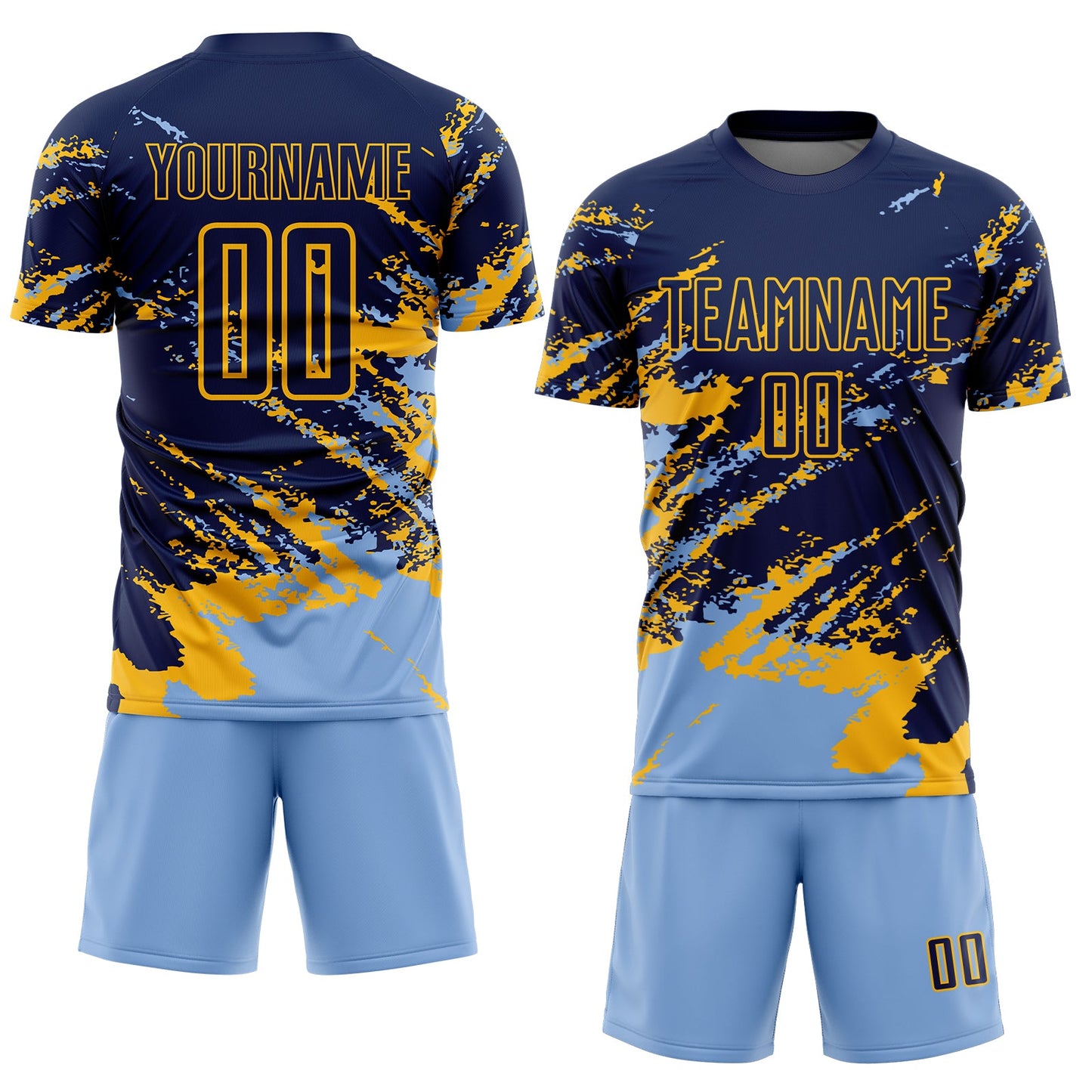 Custom Navy Light Blue-Gold Abstract Fragment Art Splash Sports Sublimation Soccer Uniform Jersey view 2