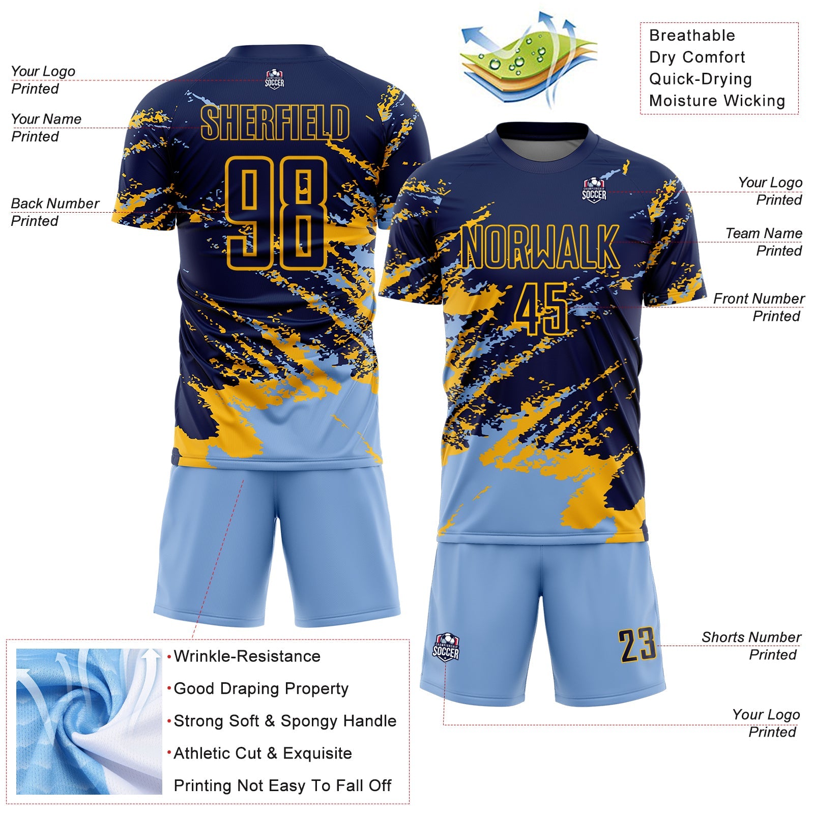 Custom Navy Light Blue-Gold Abstract Fragment Art Splash Sports Sublimation Soccer Uniform Jersey view 4