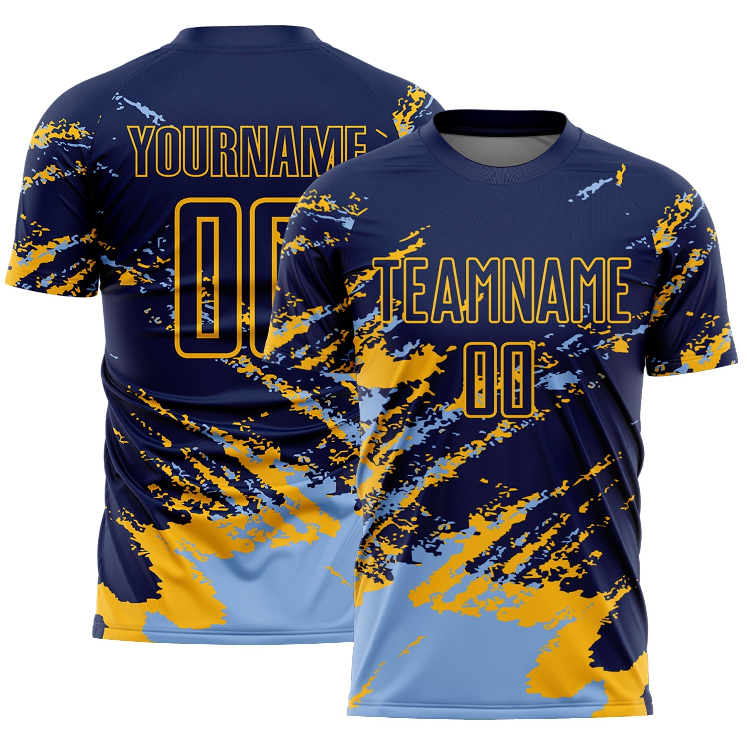 Custom Navy Light Blue-Gold Abstract Fragment Art Splash Sports Sublimation Soccer Uniform Jersey - Main View