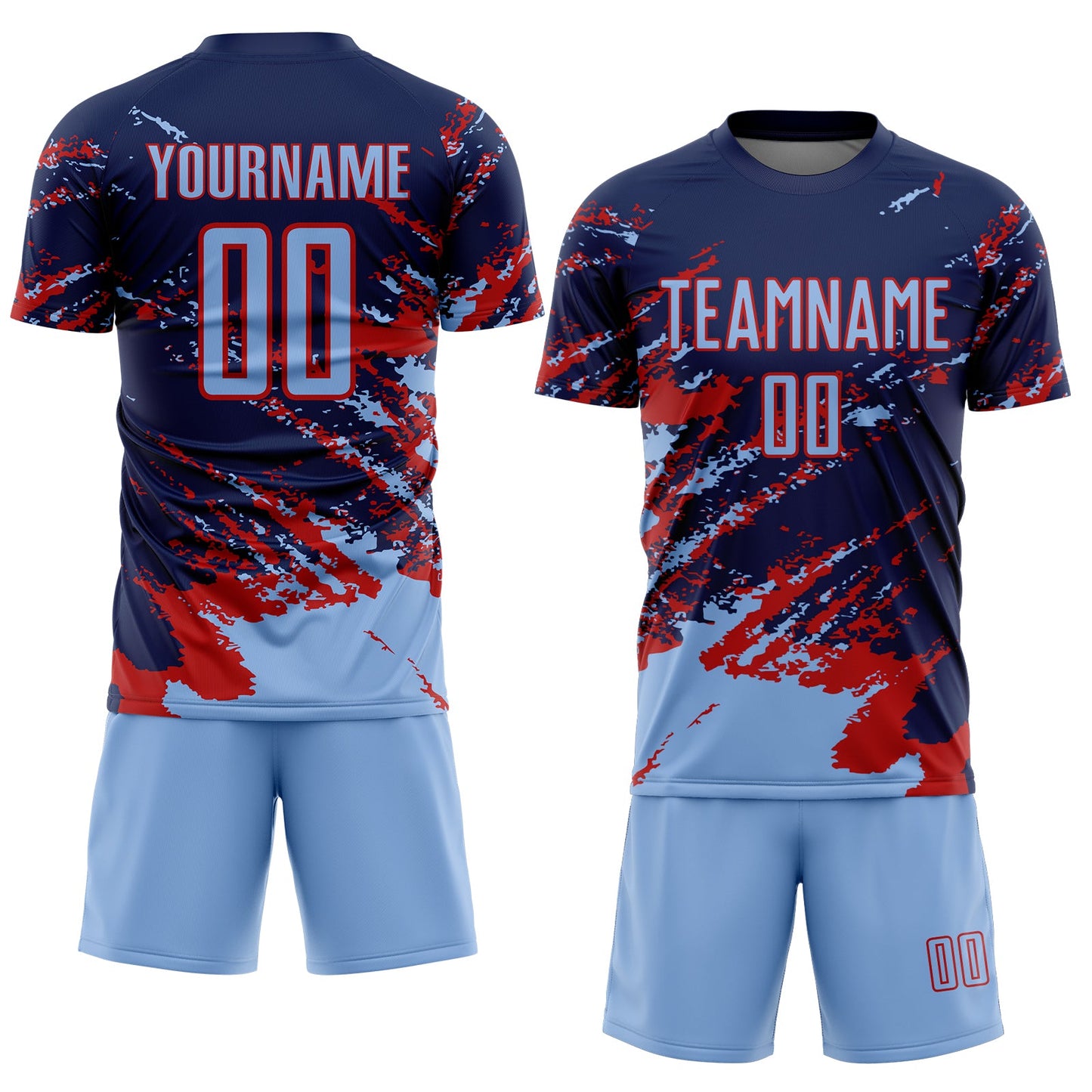 Custom Navy Light Blue-Red Abstract Fragment Art Splash Sports Sublimation Soccer Uniform Jersey view 2