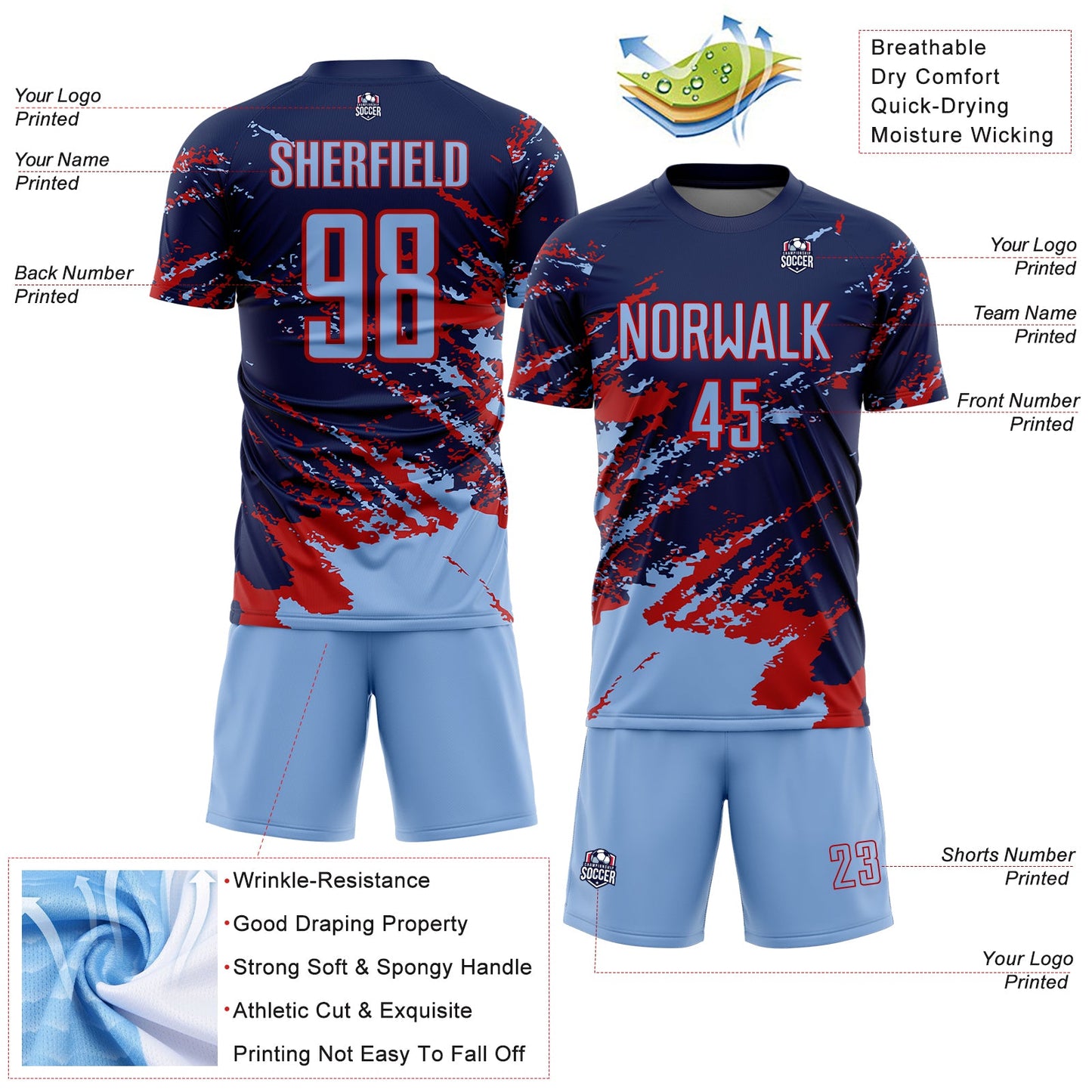 Custom Navy Light Blue-Red Abstract Fragment Art Splash Sports Sublimation Soccer Uniform Jersey view 4