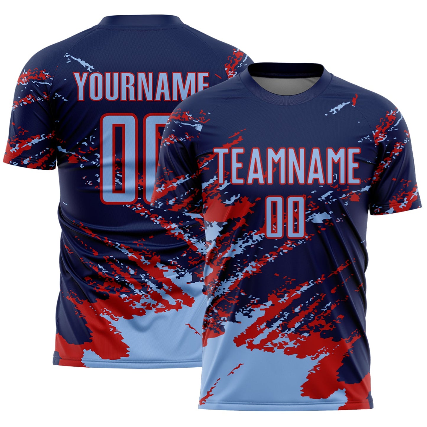 Custom Navy Light Blue-Red Abstract Fragment Art Splash Sports Sublimation Soccer Uniform Jersey - Main View