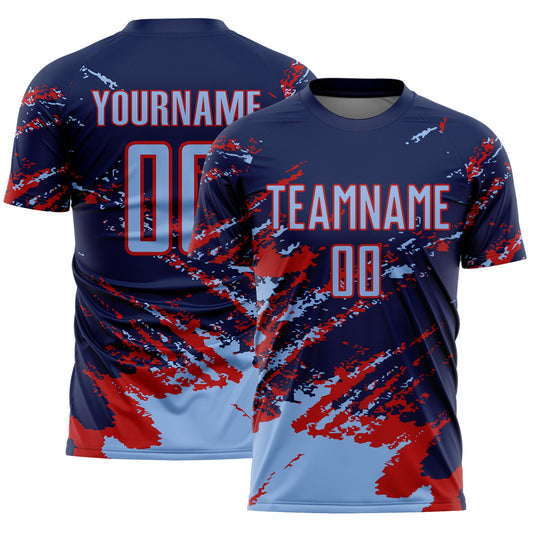 Custom Navy Light Blue-Red Abstract Fragment Art Splash Sports Sublimation Soccer Uniform Jersey - Main View