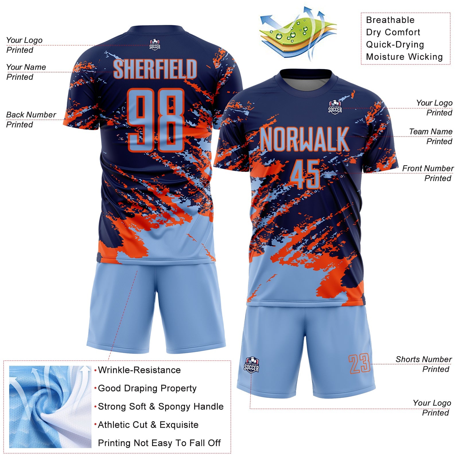 Custom Navy Light Blue-Orange Abstract Fragment Art Splash Sports Sublimation Soccer Uniform Jersey view 4