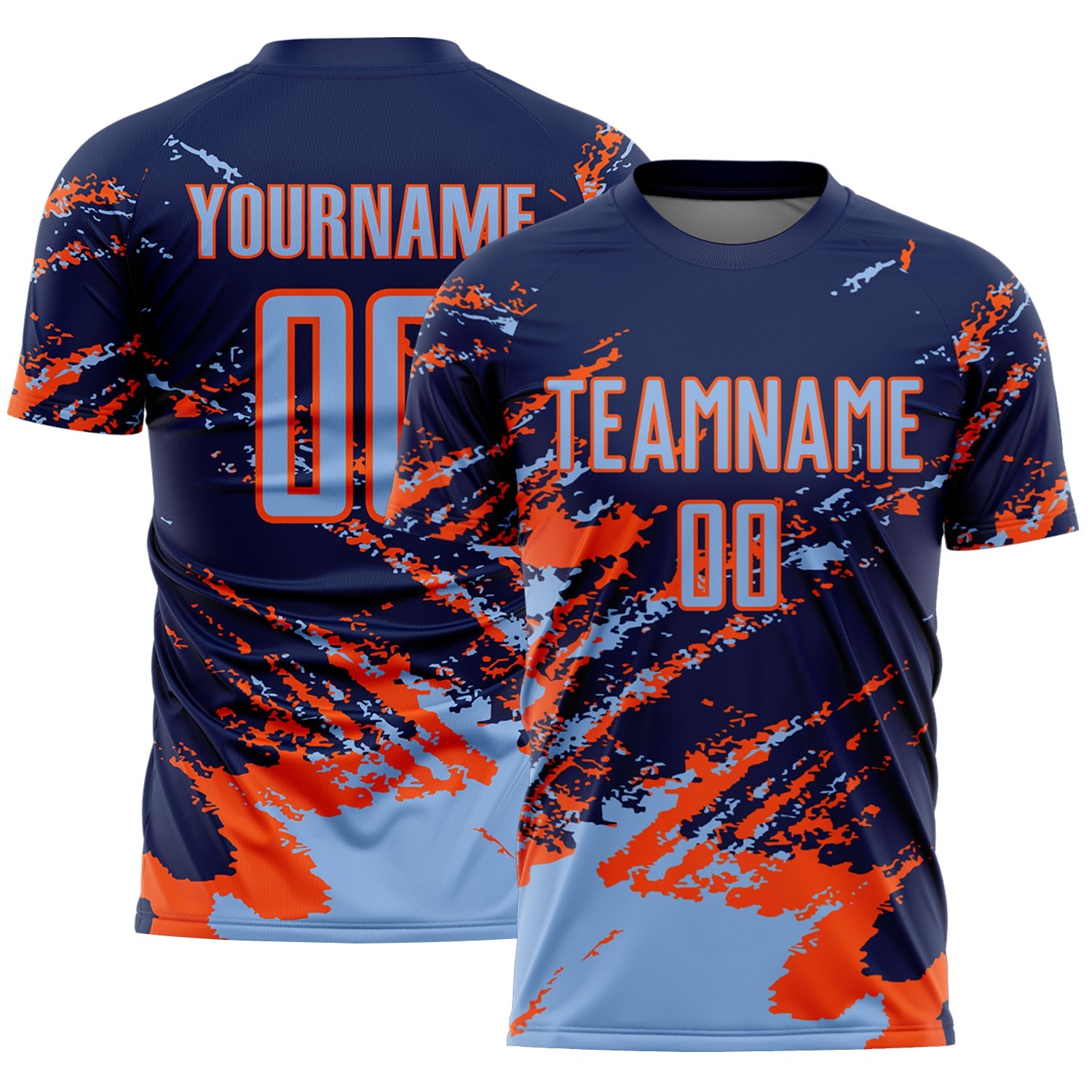 Custom Navy Light Blue-Orange Abstract Fragment Art Splash Sports Sublimation Soccer Uniform Jersey - Main View
