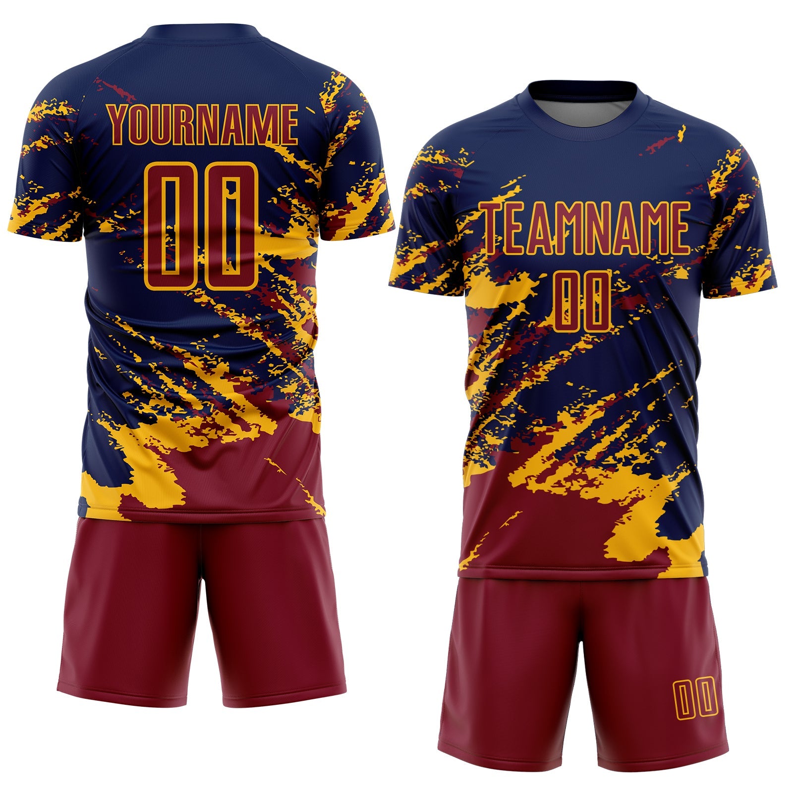 Custom Navy Crimson-Gold Abstract Fragment Art Splash Sports Sublimation Soccer Uniform Jersey view 2