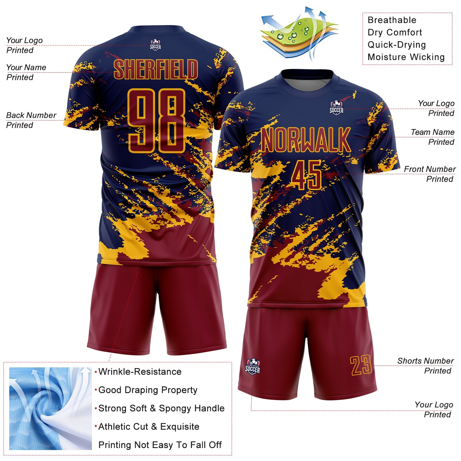 Custom Navy Crimson-Gold Abstract Fragment Art Splash Sports Sublimation Soccer Uniform Jersey view 4