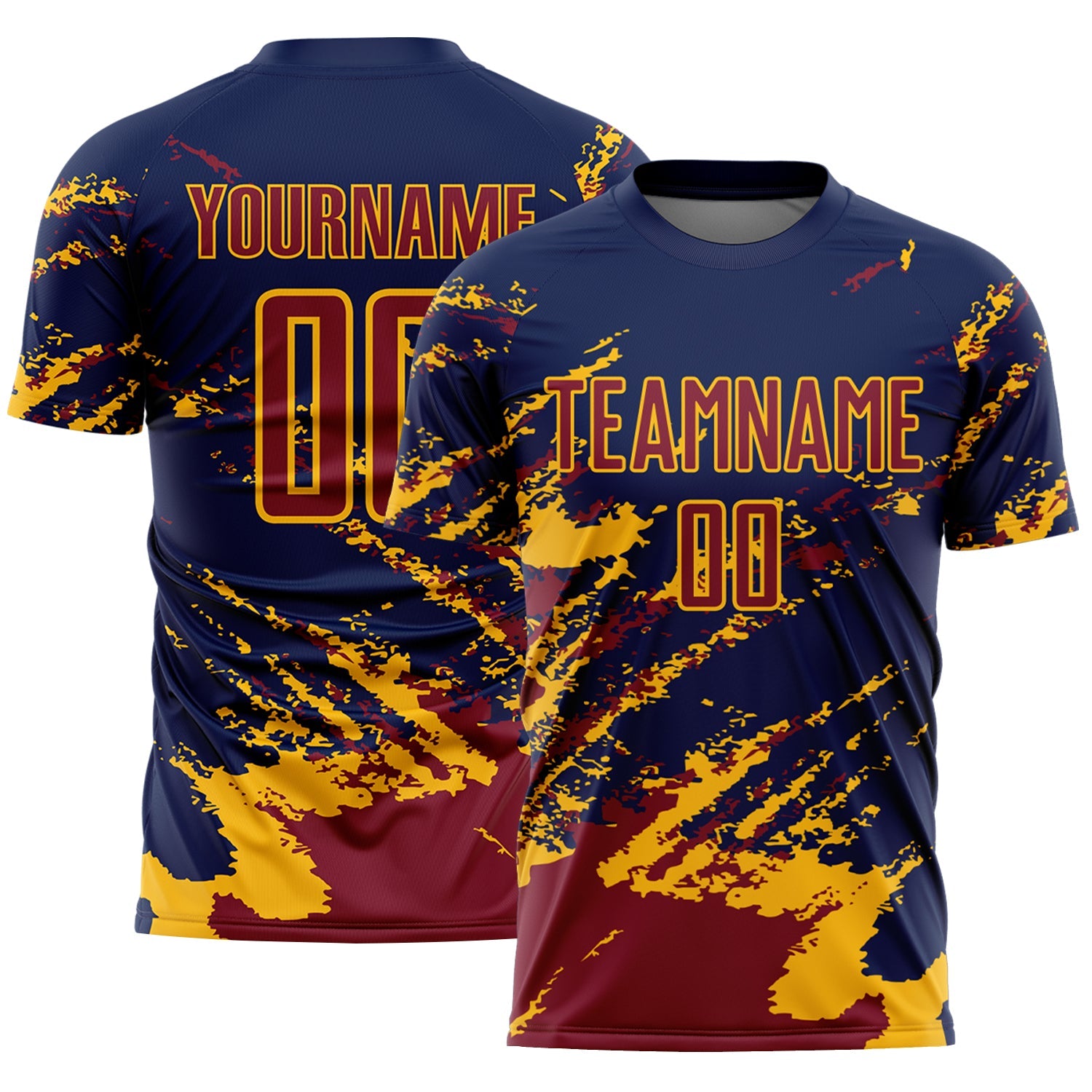 Custom Navy Crimson-Gold Abstract Fragment Art Splash Sports Sublimation Soccer Uniform Jersey - Main View