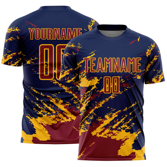 Custom Navy Crimson-Gold Abstract Fragment Art Splash Sports Sublimation Soccer Uniform Jersey - Main View