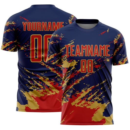 Custom Navy Red-Old Gold Abstract Fragment Art Splash Sports Sublimation Soccer Uniform Jersey - Main View