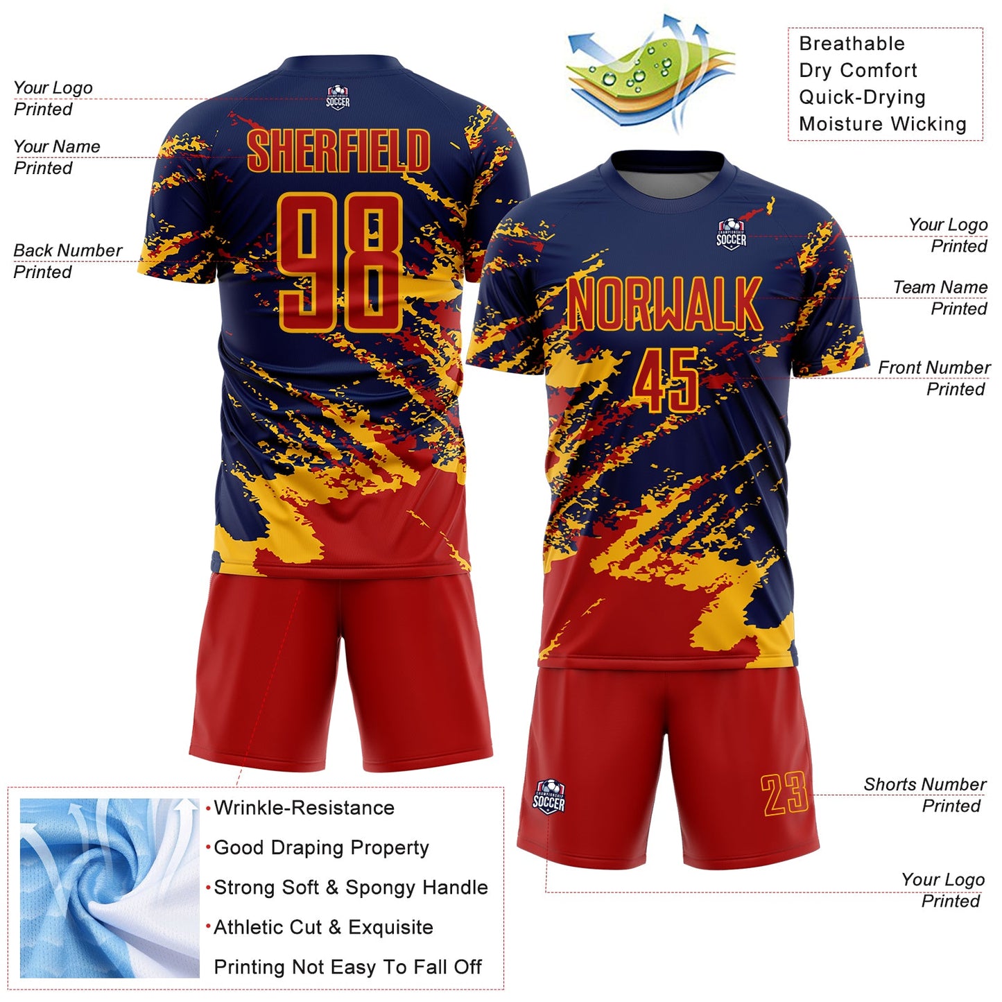 Custom Navy Red-Gold Abstract Fragment Art Splash Sports Sublimation Soccer Uniform Jersey view 4