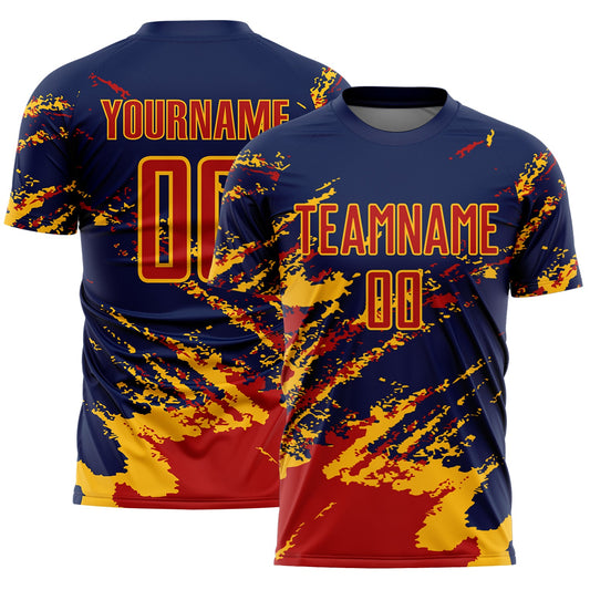 Custom Navy Red-Gold Abstract Fragment Art Splash Sports Sublimation Soccer Uniform Jersey - Main View