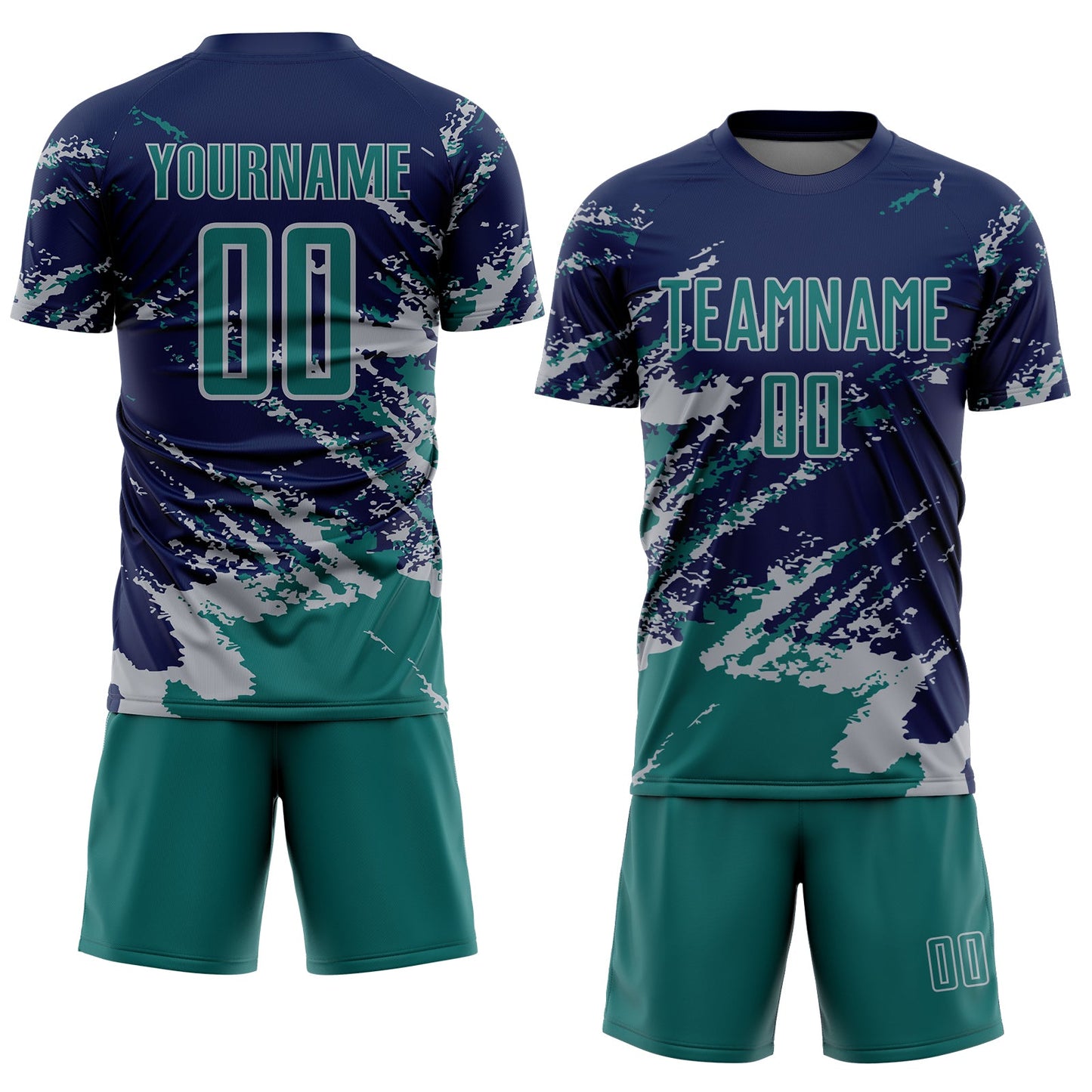 Custom Navy Teal-Gray Abstract Fragment Art Splash Sports Sublimation Soccer Uniform Jersey view 2