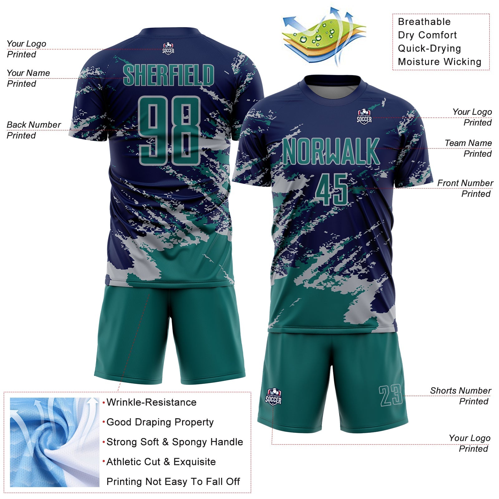 Custom Navy Teal-Gray Abstract Fragment Art Splash Sports Sublimation Soccer Uniform Jersey view 4