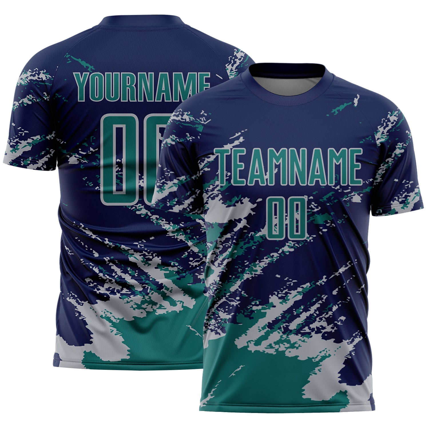 Custom Navy Teal-Gray Abstract Fragment Art Splash Sports Sublimation Soccer Uniform Jersey - Main View